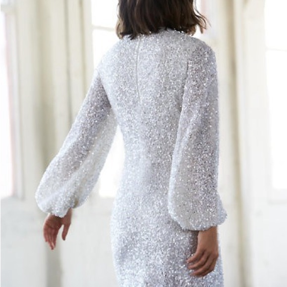 BHLDN Anthropologie Goldie White Sequin Mini Dress Long Sleeves - Picture 11 of 14